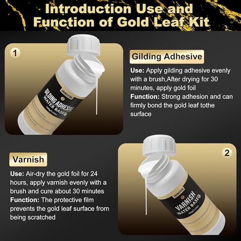 Gold Leaf Gilding Adhesive Kit, Gold Leaf Sheets 100 pcs, 3.53oz Water Based Glue and Varnish, 6 Brushes, for Furniture, Craft, Painting and Arts, All-in-One Gold Foil Set in Saudi Arabia