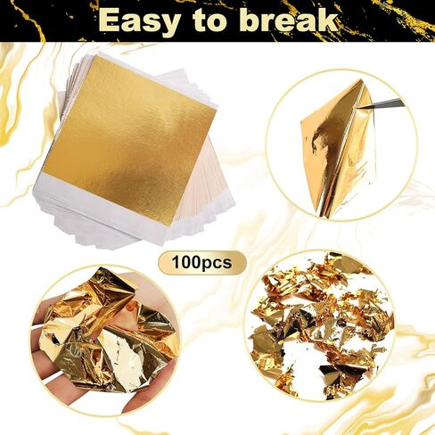 Gold Leaf Gilding Adhesive Kit, Gold Leaf Sheets 100 pcs, 3.53oz Water Based Glue and Varnish, 6 Brushes, for Furniture, Craft, Painting and Arts, All-in-One Gold Foil Set in Saudi Arabia