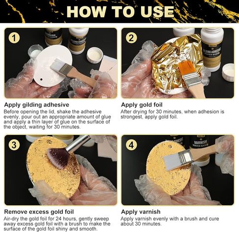 Gold Leaf Gilding Adhesive Kit, Gold Leaf Sheets 100 pcs, 3.53oz Water Based Glue and Varnish, 6 Brushes, for Furniture, Craft, Painting and Arts, All-in-One Gold Foil Set in Saudi Arabia