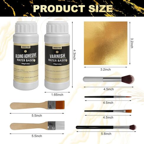 Gold Leaf Gilding Adhesive Kit, Gold Leaf Sheets 100 pcs, 3.53oz Water Based Glue and Varnish, 6 Brushes, for Furniture, Craft, Painting and Arts, All-in-One Gold Foil Set in Saudi Arabia