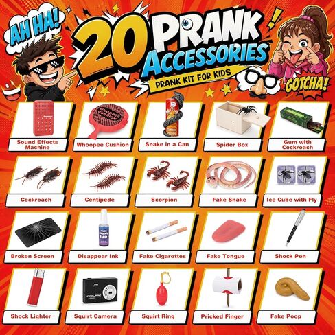 Prank Kit for Kids, 20 Funny Gags & Practical Joke Toys with Sound Effects Machine, Ultimate Practical Jokes Prank Gifts for Boys & Girls, Prank Toys Pack Set Box for April Fools Party Birthday in Kuwait