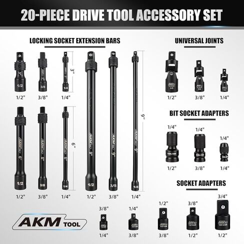 20 Piece Locking Impact Socket Extension Set, 3" 6" 9" Extension Bars, 1/4" 3/8" 1/2" Drive, Quick Release Locking Collar, Cr-v Steel, Universal Joints, Bit Socket Adapters, Socket Adapters in Saudi Arabia