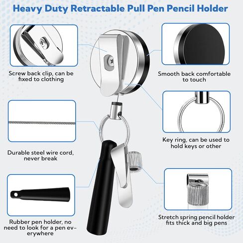 VZZNN 10 Pack Retractable Pen Holder, 35 Inch Steel Wire Heavy Duty Pencil Holder with Silicone & Metal Clip, Retractable Pull Pen Reel for Carpenters, Nurses, Construction Workers, Waitstaff in Kuwait