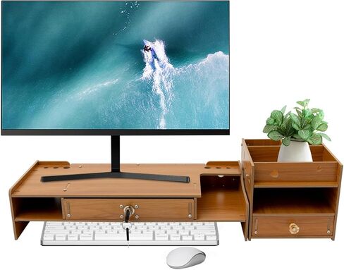 Desktop Monitor Stand, Monitor Riser with Storage Organizer, Computer Monitor Booster Stand for Desk, Wood Screen Riser with Drawer, Laptop Stand Shelf, Cherry in Saudi Arabia