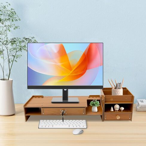 Desktop Monitor Stand, Monitor Riser with Storage Organizer, Computer Monitor Booster Stand for Desk, Wood Screen Riser with Drawer, Laptop Stand Shelf, Cherry in Saudi Arabia