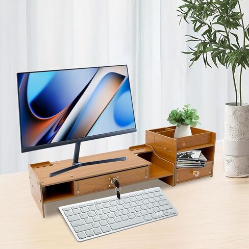 Desktop Monitor Stand, Monitor Riser with Storage Organizer, Computer Monitor Booster Stand for Desk, Wood Screen Riser with Drawer, Laptop Stand Shelf, Cherry in Saudi Arabia