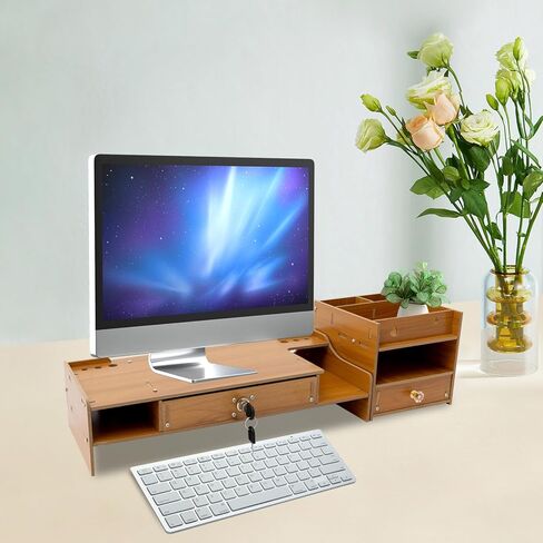 Desktop Monitor Stand, Monitor Riser with Storage Organizer, Computer Monitor Booster Stand for Desk, Wood Screen Riser with Drawer, Laptop Stand Shelf, Cherry in Saudi Arabia