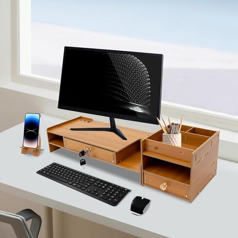 Desktop Monitor Stand, Monitor Riser with Storage Organizer, Computer Monitor Booster Stand for Desk, Wood Screen Riser with Drawer, Laptop Stand Shelf, Cherry in Saudi Arabia