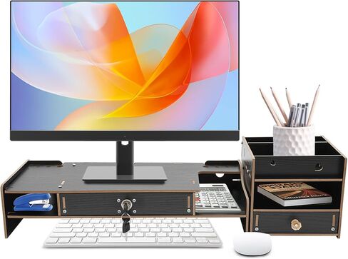 Desktop Monitor Stand, Monitor Riser with Storage Organizer, Computer Monitor Booster Stand for Desk, Ergonomic Screen Riser with Underneath Storage Space for Laptop PC Printer Home Office,Black in Saudi Arabia