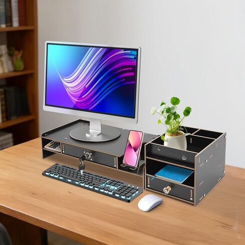 Desktop Monitor Stand, Monitor Riser with Storage Organizer, Computer Monitor Booster Stand for Desk, Ergonomic Screen Riser with Underneath Storage Space for Laptop PC Printer Home Office,Black in Saudi Arabia