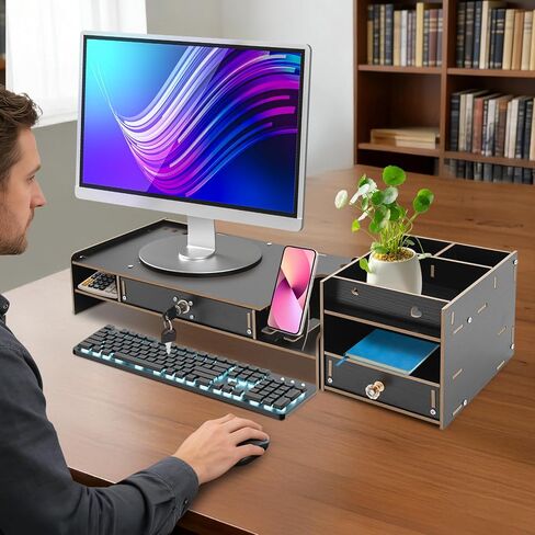 Desktop Monitor Stand, Monitor Riser with Storage Organizer, Computer Monitor Booster Stand for Desk, Ergonomic Screen Riser with Underneath Storage Space for Laptop PC Printer Home Office,Black in Saudi Arabia