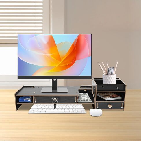 Desktop Monitor Stand, Monitor Riser with Storage Organizer, Computer Monitor Booster Stand for Desk, Ergonomic Screen Riser with Underneath Storage Space for Laptop PC Printer Home Office,Black in Saudi Arabia