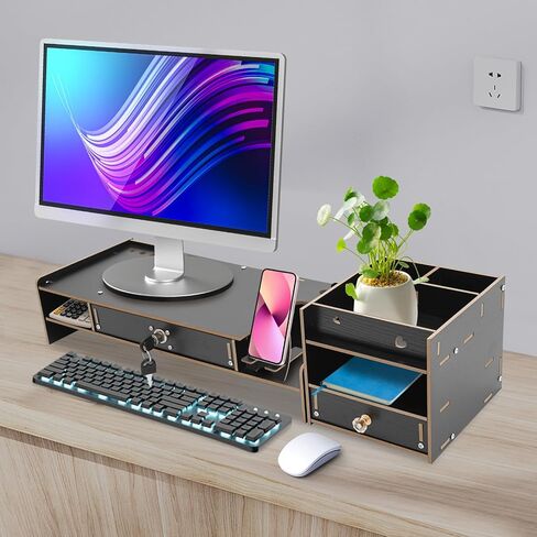 Desktop Monitor Stand, Monitor Riser with Storage Organizer, Computer Monitor Booster Stand for Desk, Ergonomic Screen Riser with Underneath Storage Space for Laptop PC Printer Home Office,Black in Saudi Arabia