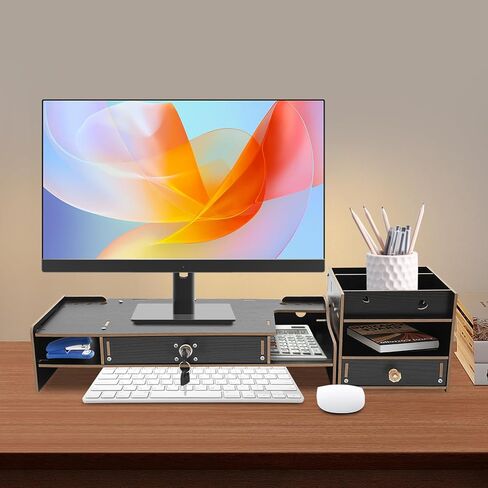 Desktop Monitor Stand, Monitor Riser with Storage Organizer, Computer Monitor Booster Stand for Desk, Ergonomic Screen Riser with Underneath Storage Space for Laptop PC Printer Home Office,Black in Saudi Arabia