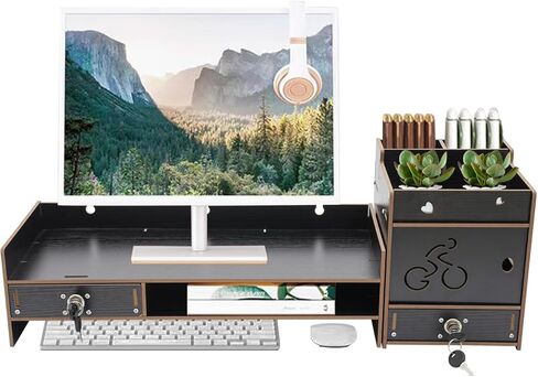 Desktop Monitor Stand, Monitor Riser with Storage Organizer, Computer Screen Stand for Desk, Laptop Stand Riser with Drawer, Office Desk Shelf, Black in Saudi Arabia