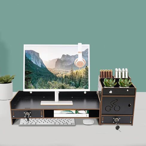 Desktop Monitor Stand, Monitor Riser with Storage Organizer, Computer Screen Stand for Desk, Laptop Stand Riser with Drawer, Office Desk Shelf, Black in Saudi Arabia