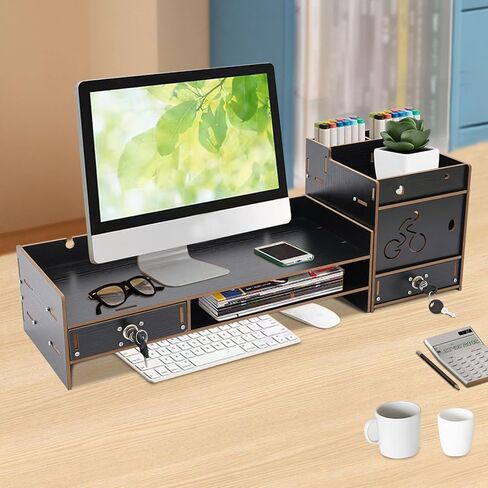 Desktop Monitor Stand, Monitor Riser with Storage Organizer, Computer Screen Stand for Desk, Laptop Stand Riser with Drawer, Office Desk Shelf, Black in Saudi Arabia