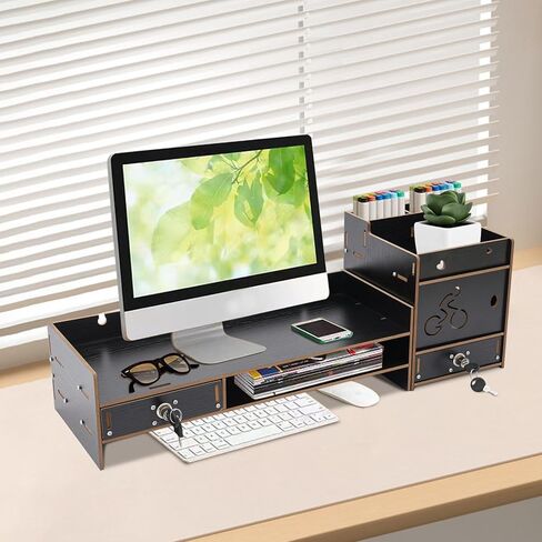 Desktop Monitor Stand, Monitor Riser with Storage Organizer, Computer Screen Stand for Desk, Laptop Stand Riser with Drawer, Office Desk Shelf, Black in Saudi Arabia