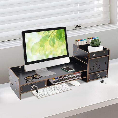 Desktop Monitor Stand, Monitor Riser with Storage Organizer, Computer Screen Stand for Desk, Laptop Stand Riser with Drawer, Office Desk Shelf, Black in Saudi Arabia