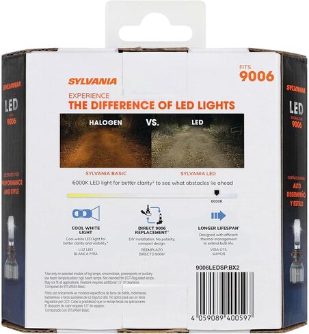 SYLVANIA 9006 LED - مصابيح الضباب للسيارات والشاحنات - المصابيح الأمامية للرياضات على الطرق الوعرة - ضوء LED أبيض بارد 6000 كيلو - مصابيح طويلة الأمد - بدون قطبية - ترقية DIY in Kuwait