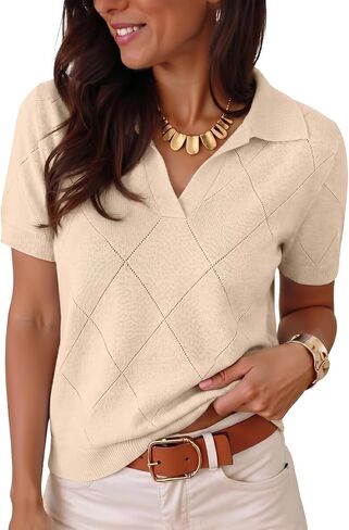 Dokotoo Women Short Sleeve Polo Sweater V Neck Knitted Tops Casual Ribbed Shirt Loose Pullover Sweater in Saudi Arabia