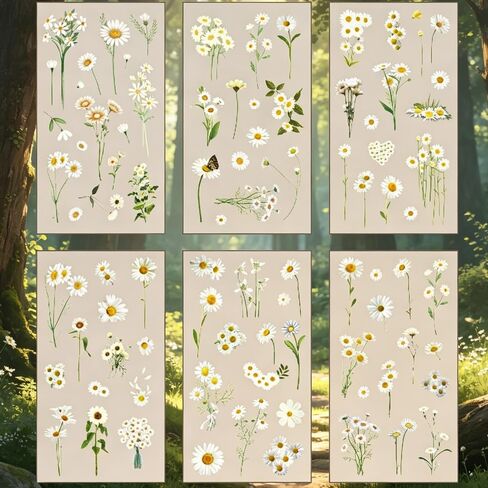 6 Sheets White Daisy Floral Clear Stickers, Watercolor Flower PVC Decals for Scrapbooking Journal DIY Crafts in Kuwait