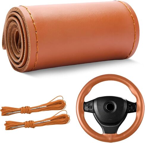 Genuine Leather Steering Wheel Cover, Anti-Slip Leather Steering Wheel Protector with Needles & Threads, 15 Inch Breathable Stitch on Wheel Wrap for Cars Trucks SUVs (Black, Full Hole) in Saudi Arabia