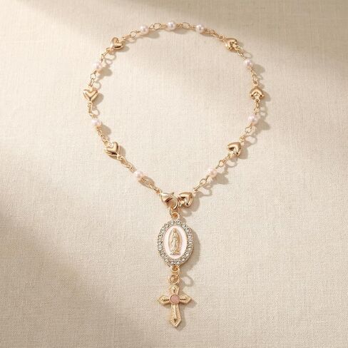 Steering Wheel Charm, Golden Virgin Mary Rosary Pendant for Car Decor, Religious Accessory with Heart Design, Spiritual Gift for Catholic Drivers, Durable Metallic Finish, Easy Installation in Saudi Arabia