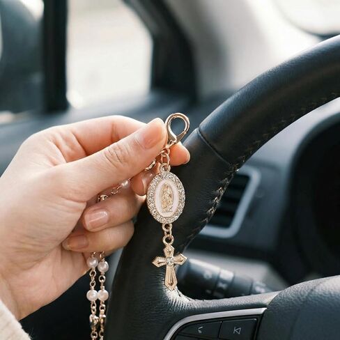 Steering Wheel Charm, Golden Virgin Mary Rosary Pendant for Car Decor, Religious Accessory with Heart Design, Spiritual Gift for Catholic Drivers, Durable Metallic Finish, Easy Installation in Saudi Arabia