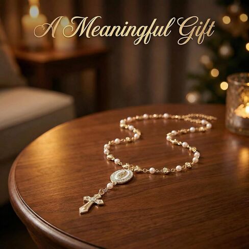 Steering Wheel Charm, Golden Virgin Mary Rosary Pendant for Car Decor, Religious Accessory with Heart Design, Spiritual Gift for Catholic Drivers, Durable Metallic Finish, Easy Installation in Saudi Arabia