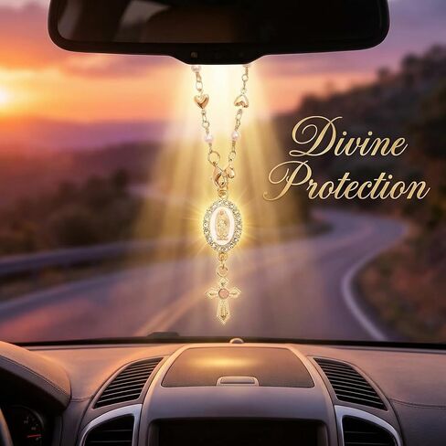 Steering Wheel Charm, Golden Virgin Mary Rosary Pendant for Car Decor, Religious Accessory with Heart Design, Spiritual Gift for Catholic Drivers, Durable Metallic Finish, Easy Installation in Saudi Arabia