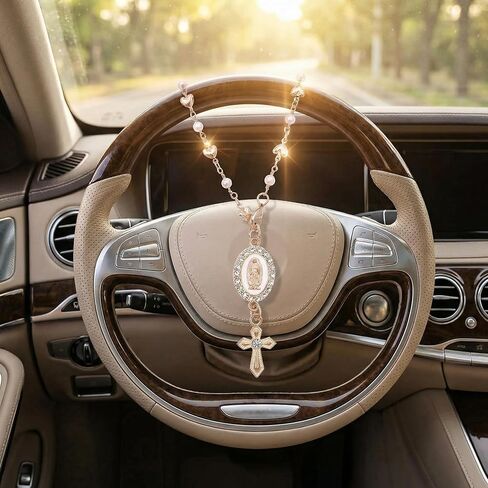 Steering Wheel Charm, Golden Virgin Mary Rosary Pendant for Car Decor, Religious Accessory with Heart Design, Spiritual Gift for Catholic Drivers, Durable Metallic Finish, Easy Installation in Saudi Arabia