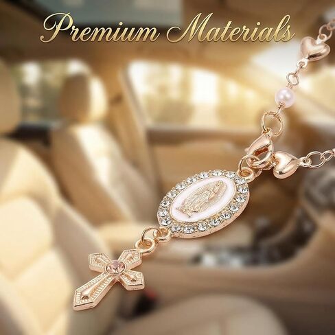 Steering Wheel Charm, Golden Virgin Mary Rosary Pendant for Car Decor, Religious Accessory with Heart Design, Spiritual Gift for Catholic Drivers, Durable Metallic Finish, Easy Installation in Saudi Arabia
