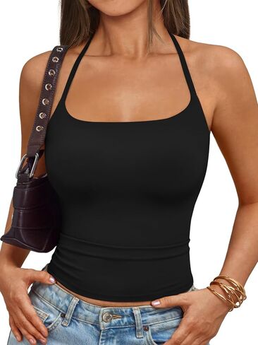 Trendy Queen Double Lined Halter Tops for Women Self Tie Backless Crop Tank Top Y2K Cute Summer Going Out Workout Camisole in Saudi Arabia