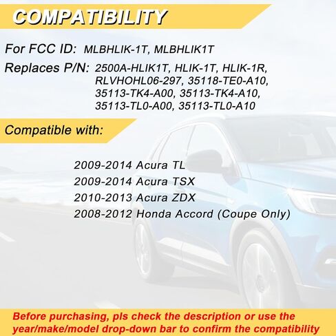 Vurkcy Key Fob Replacement for 2009-2014 Acura TL TSX/ 10-13 ZDX/ 08-12 Honda Accord(Coupe Only) Car Keyless Entry Remote Control, MLBHLIK-1T MLBHLIK1T, 4-Btn in Kuwait