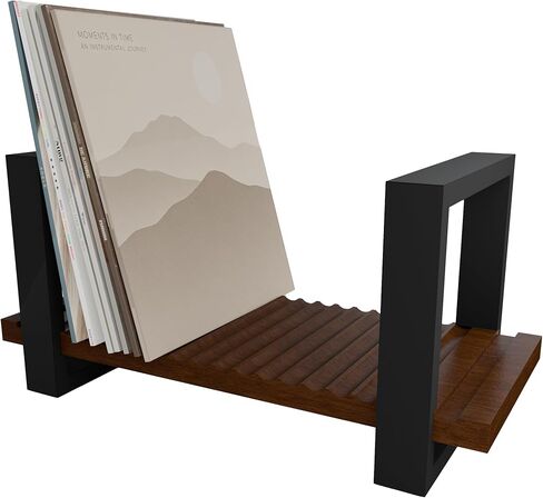 Vinyl Record Holder, Adjustable LP Storage Rack for Up to 57 Records, Wooden Record Organizer with Grooved Base, Mid Century Modern Record Display Stand in Kuwait