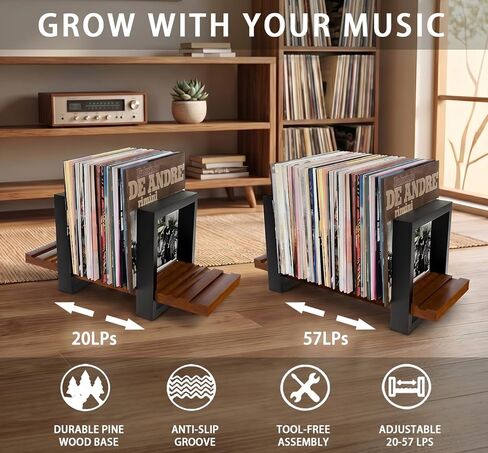 Vinyl Record Holder, Adjustable LP Storage Rack for Up to 57 Records, Wooden Record Organizer with Grooved Base, Mid Century Modern Record Display Stand in Kuwait