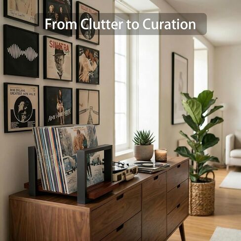 Vinyl Record Holder, Adjustable LP Storage Rack for Up to 57 Records, Wooden Record Organizer with Grooved Base, Mid Century Modern Record Display Stand in Kuwait