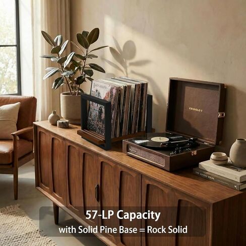 Vinyl Record Holder, Adjustable LP Storage Rack for Up to 57 Records, Wooden Record Organizer with Grooved Base, Mid Century Modern Record Display Stand in Kuwait