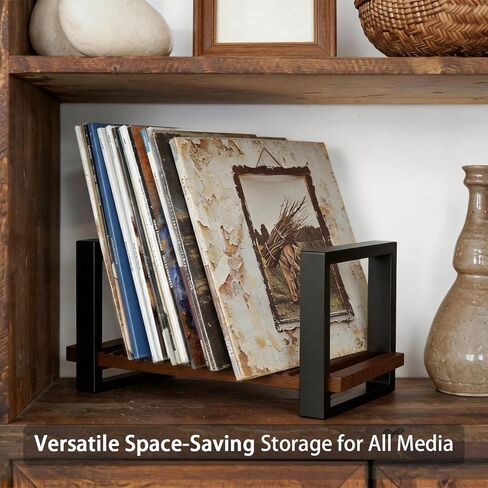 Vinyl Record Holder, Adjustable LP Storage Rack for Up to 57 Records, Wooden Record Organizer with Grooved Base, Mid Century Modern Record Display Stand in Kuwait