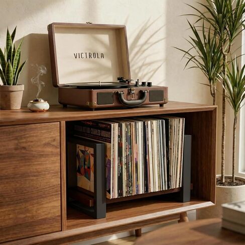 Vinyl Record Holder, Adjustable LP Storage Rack for Up to 57 Records, Wooden Record Organizer with Grooved Base, Mid Century Modern Record Display Stand in Kuwait