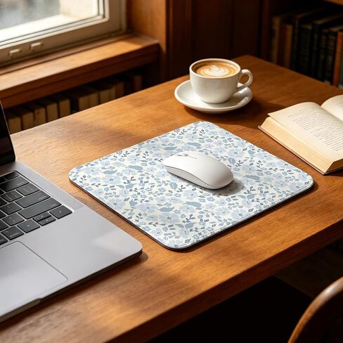 Mouse Pad with Stitched Edges - Blue Floral Mousepad for Women, 10x8 inch Washable Square Desk Pad, Non-Slip Rubber Base, Office Home Laptop Accessories - Light Blue Flower in Kuwait