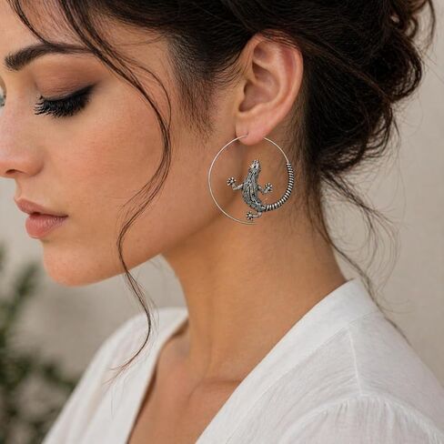 Gold Punk Body Gecko Lizard Hoop Earrings | Unique Statement Jewelry for Women, Gothic Emo Grunge Jewelry, Halloween Axolotl Animal Earrings, Gift for Christmas, New Year, Valentine’s Day in Saudi Arabia