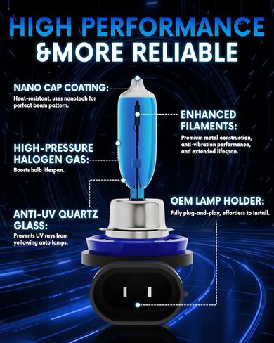 H1+H11 Halogen Headlight Bulb Combo - 200% Brighter 12V 100W 5000K White High/Low Beam, Plug and Play, 4-Pack in Saudi Arabia
