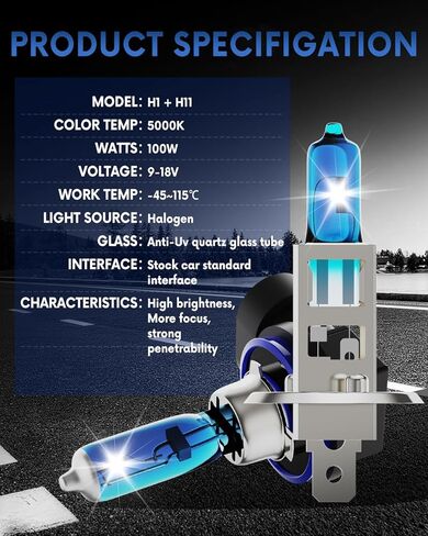 H1+H11 Halogen Headlight Bulb Combo - 200% Brighter 12V 100W 5000K White High/Low Beam, Plug and Play, 4-Pack in Saudi Arabia