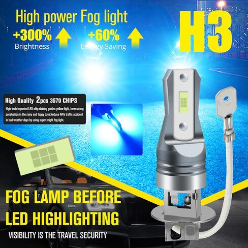 AC/DC 9-36V H3 LED مصباح الضباب الأزرق الجليدي، 3800LM فائق السطوع 2x45mil 5730 رقائق H3LL LED لمبات السيارات والشاحنات، غير قطبية.2-حزم. in Kuwait