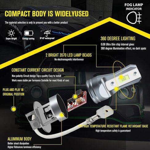 AC/DC 9-36V H3 LED مصباح الضباب الأزرق الجليدي، 3800LM فائق السطوع 2x45mil 5730 رقائق H3LL LED لمبات السيارات والشاحنات، غير قطبية.2-حزم. in Kuwait