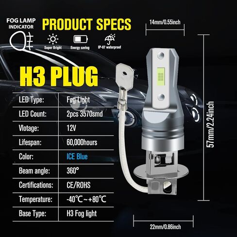AC/DC 9-36V H3 LED مصباح الضباب الأزرق الجليدي، 3800LM فائق السطوع 2x45mil 5730 رقائق H3LL LED لمبات السيارات والشاحنات، غير قطبية.2-حزم. in Kuwait