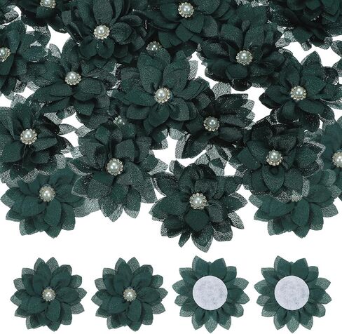 PATIKIL Fabric Flowers, 30 Pcs 2" Rhinestone Pearls Sewing Fabric Flowers for DIY Crafts Appliques Wedding Birthday Party Decoration, Dark Green in Kuwait