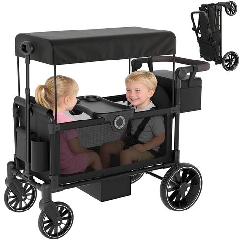 BIERUM Stroller Wagon for 2 Kids with Side Entry & 5-Point Safety, 5-in-1 Multi-Mode All-Terrain Foldable Cart with Adjustable Push/Pull Handle, Removable Canopy & Organizer for Beach, Camping, Black in Saudi Arabia